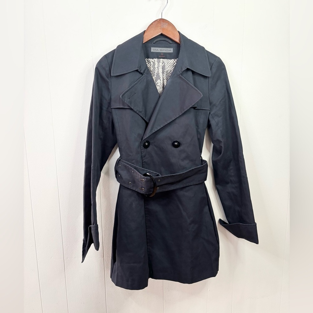Via Spiga women's black belted trench coat jacket size SM double breasted